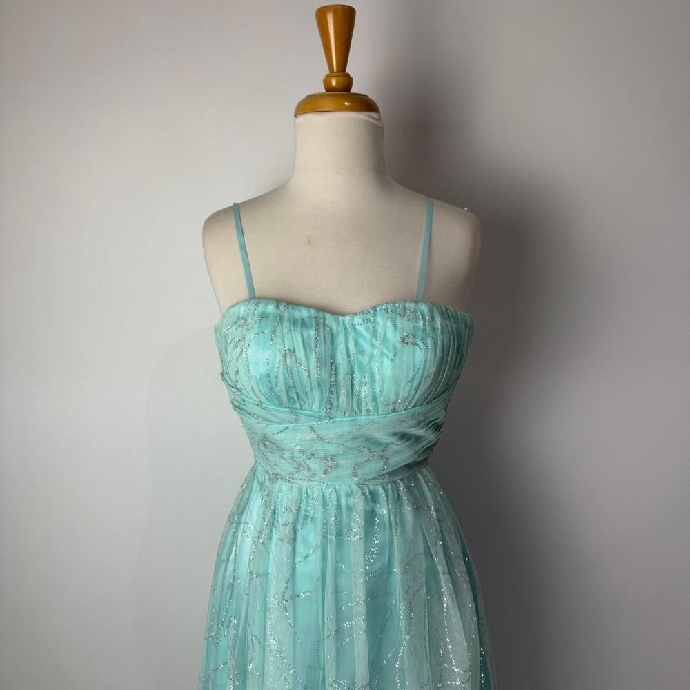 Vintage y2k 2000s Adrianna Papell Turquoise and Silver sparkling maxi dress